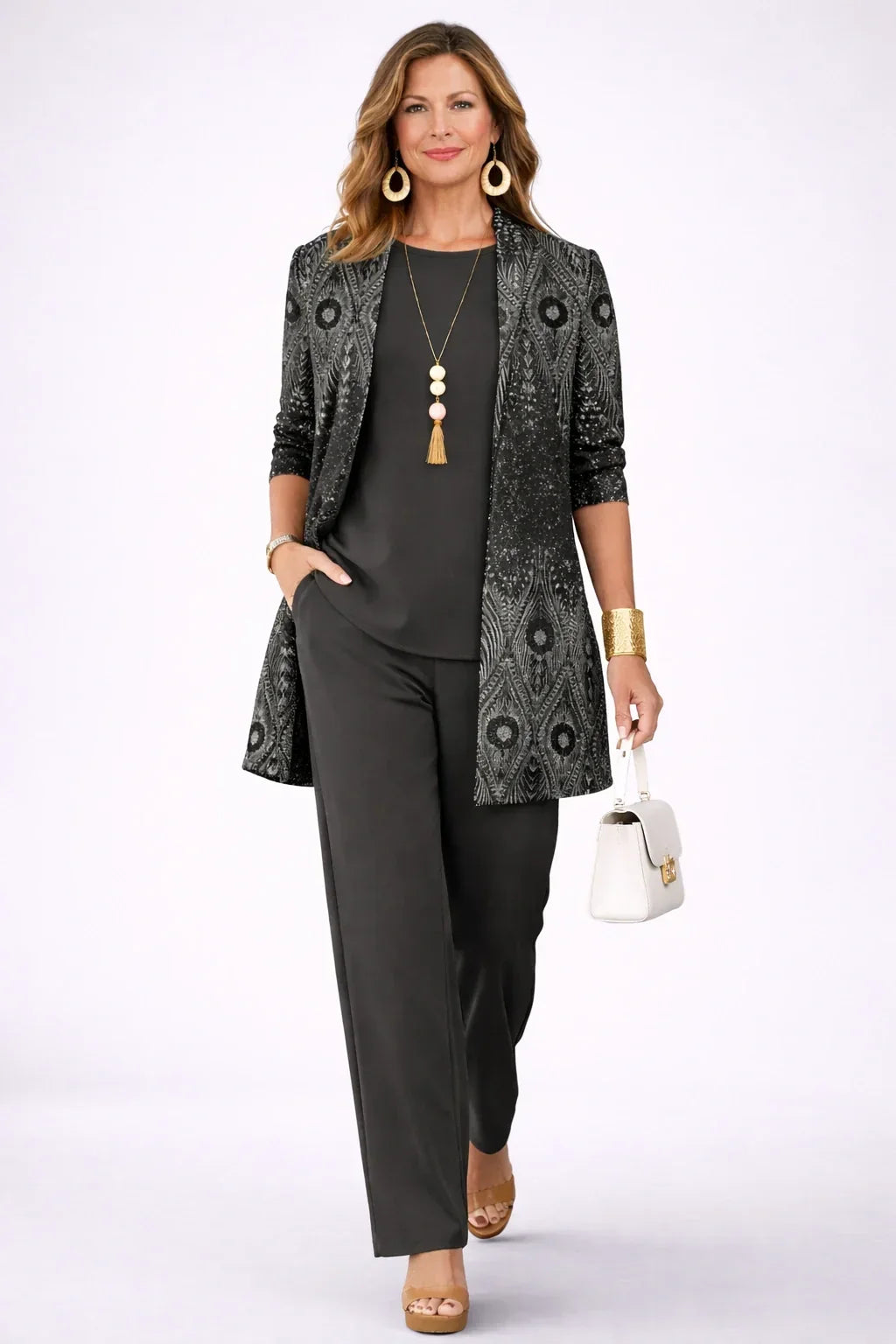 Vera | Completo tre pezzi nero e argento con stampa paisley