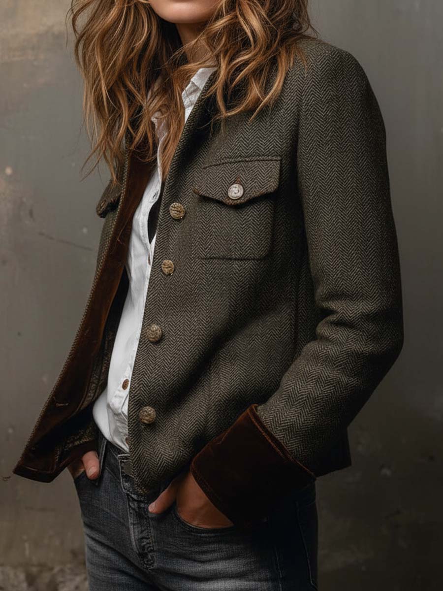 Onorina | Blazer Vintage Chevron con Bordature a Contrasto