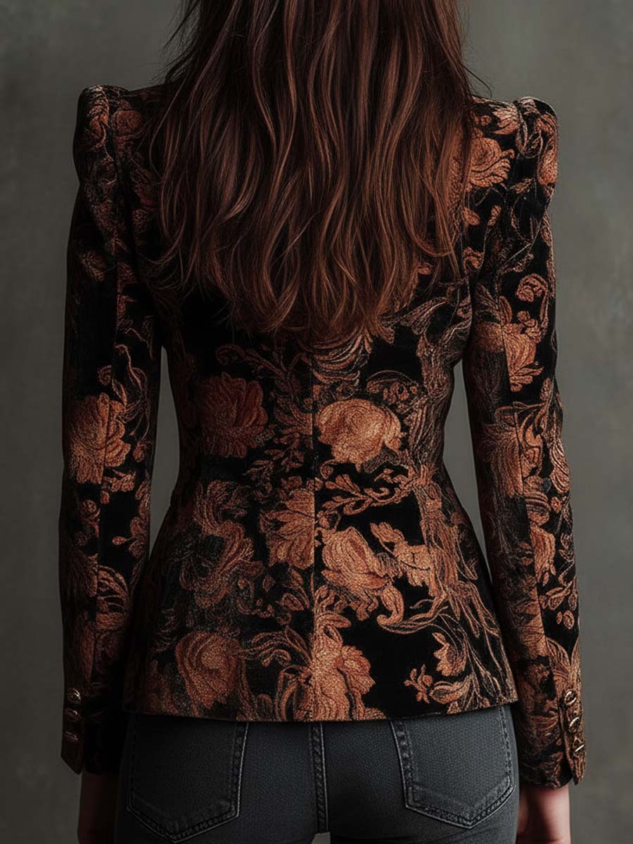 Bertilla | Blazer Tailleur Stampato Fiori Nero e Bronzo