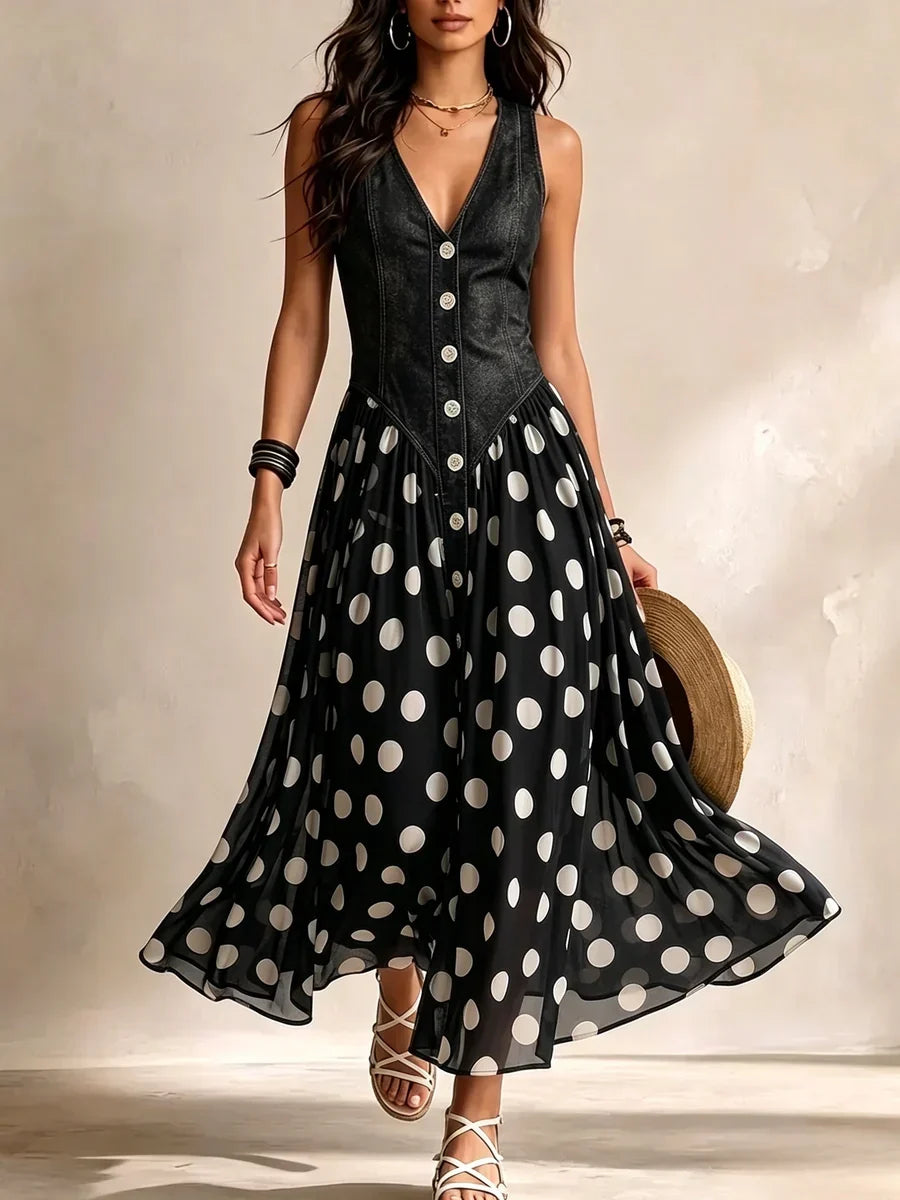 Adriana | Abito lungo effetto denim a pois