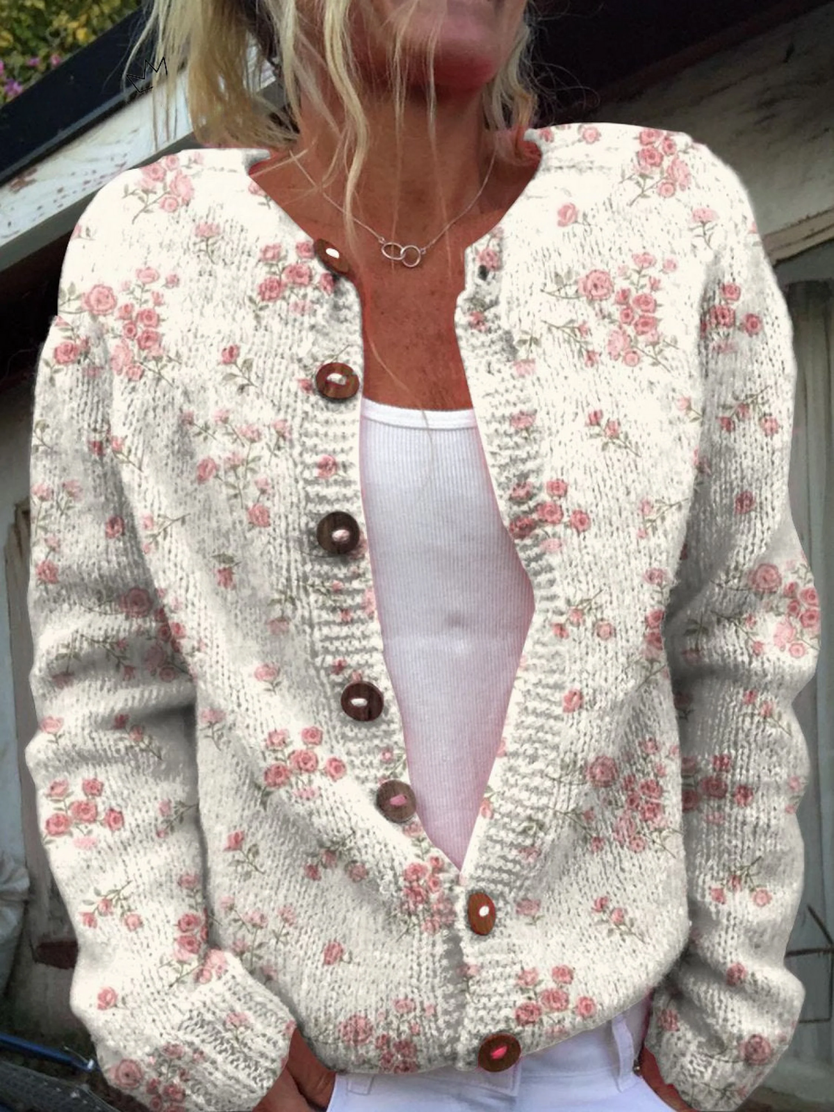 Rachele — Cardigan con rose rosa