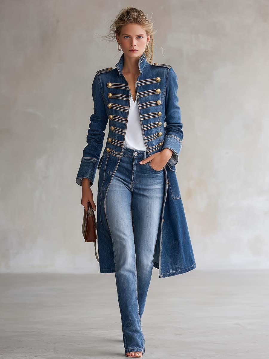 Vittoria | Cappotto lungo in denim con bottoni dorati