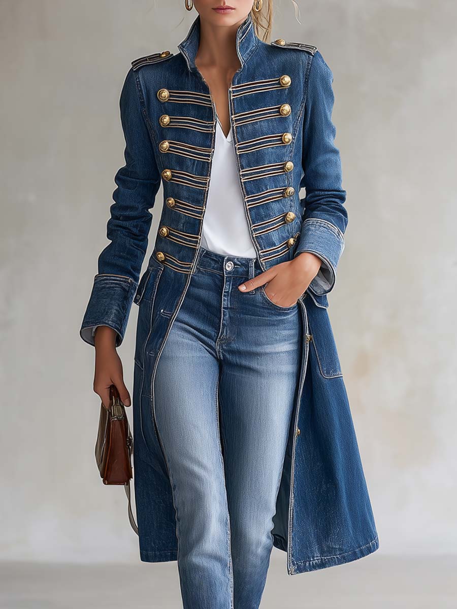 Vittoria | Cappotto lungo in denim con bottoni dorati