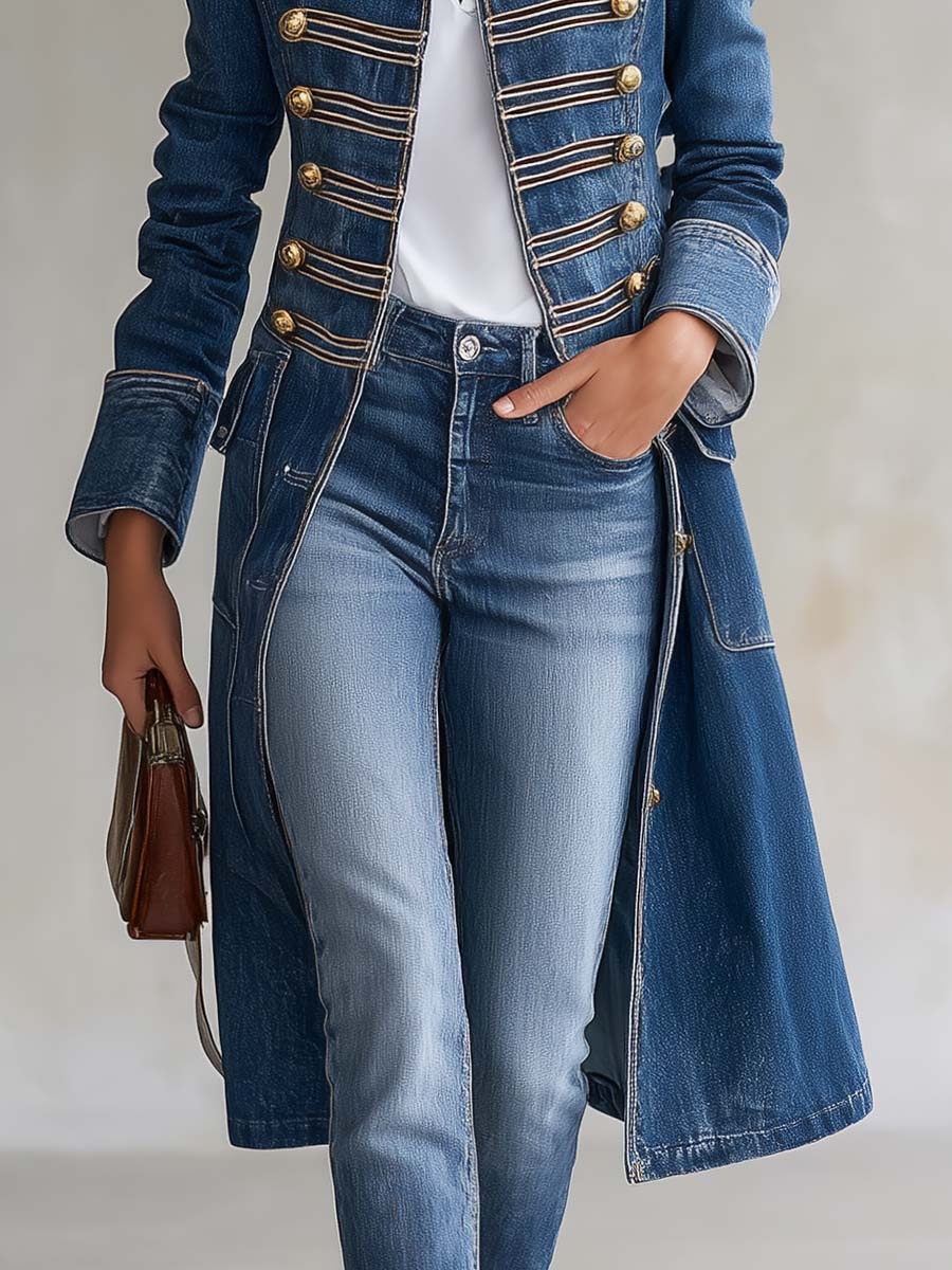 Vittoria | Cappotto lungo in denim con bottoni dorati