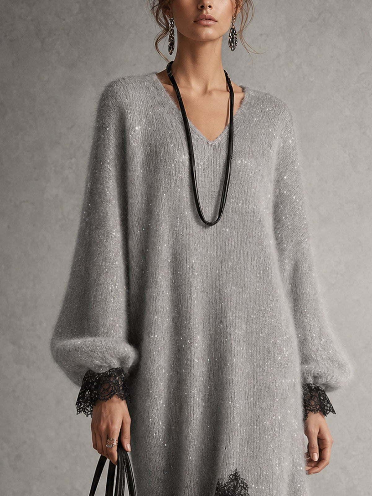Sofia | Abito midi grigio in maglia con bordo in pizzo