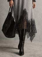 Sofia | Abito midi grigio in maglia con bordo in pizzo
