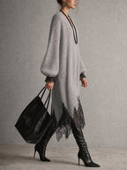 Sofia | Abito midi grigio in maglia con bordo in pizzo
