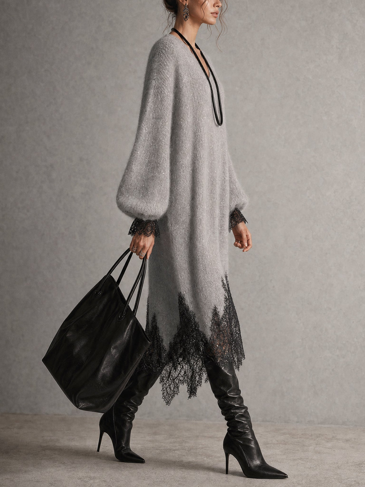 Sofia | Abito midi grigio in maglia con bordo in pizzo