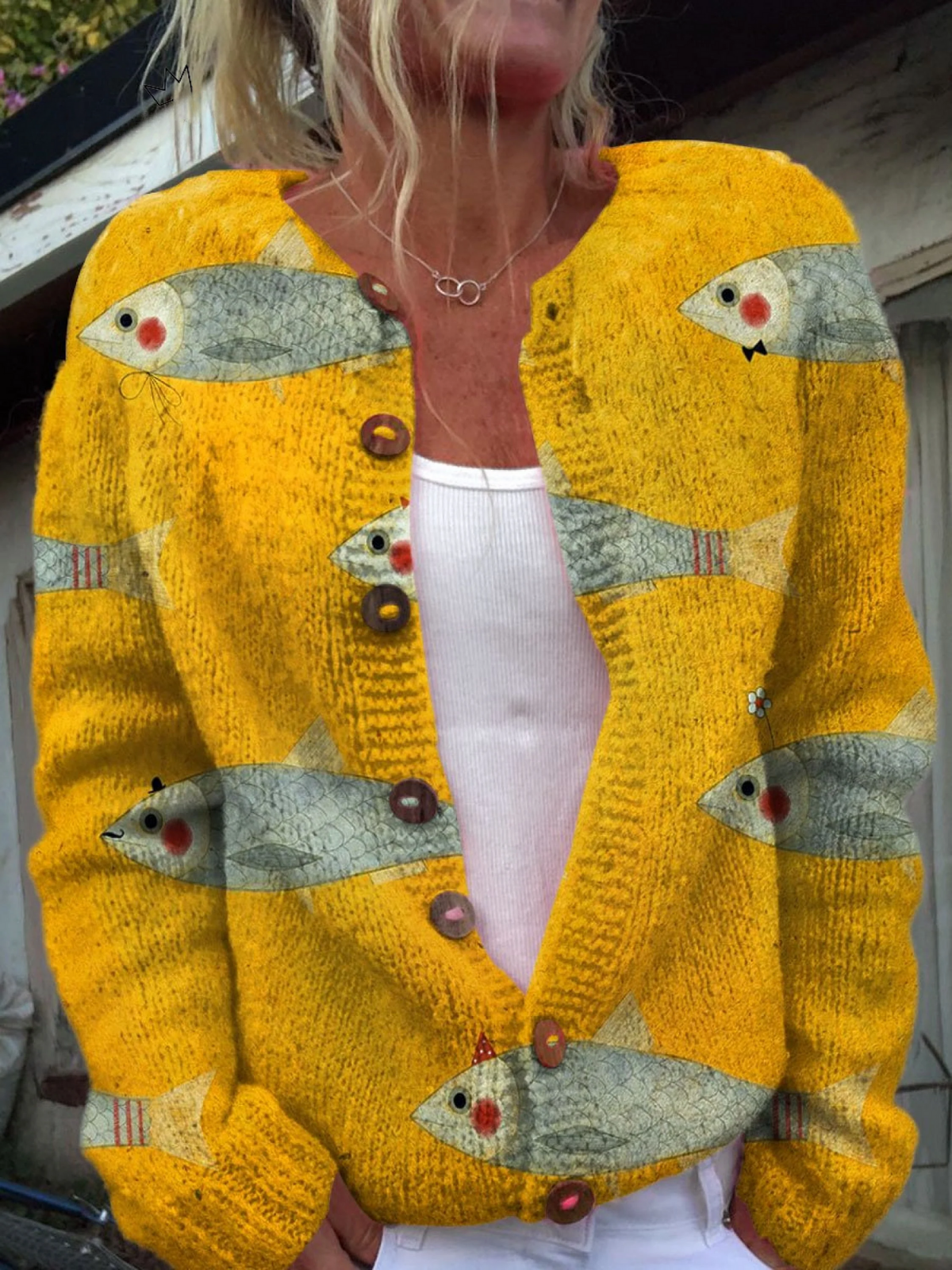 Giorgia — Cardigan vintage con stampa sardine