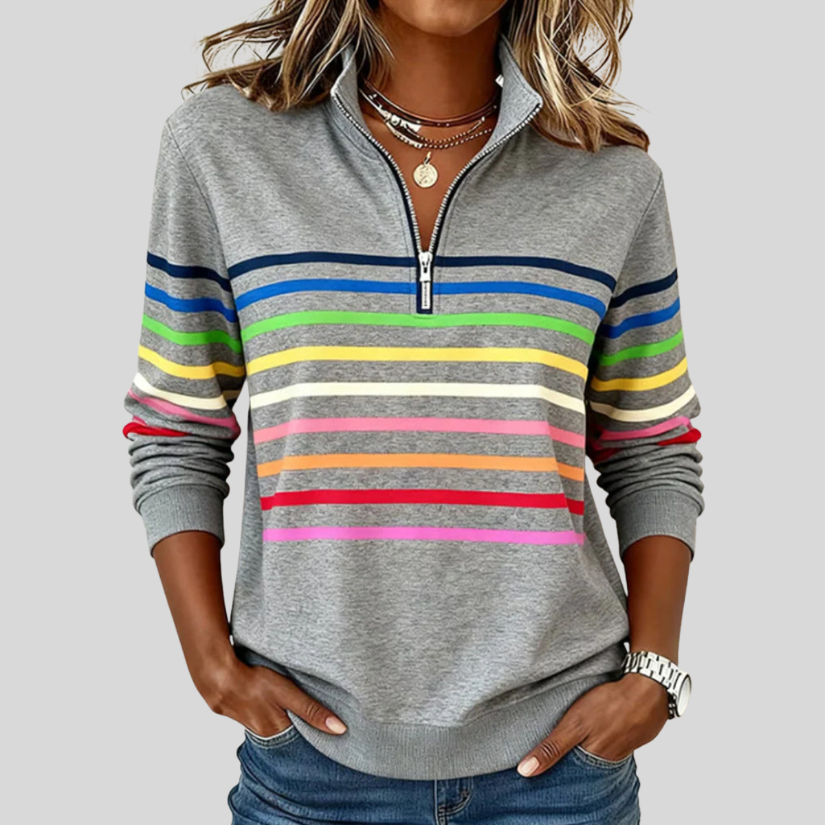 Zaira | Felpa a righe colorate con mezza zip