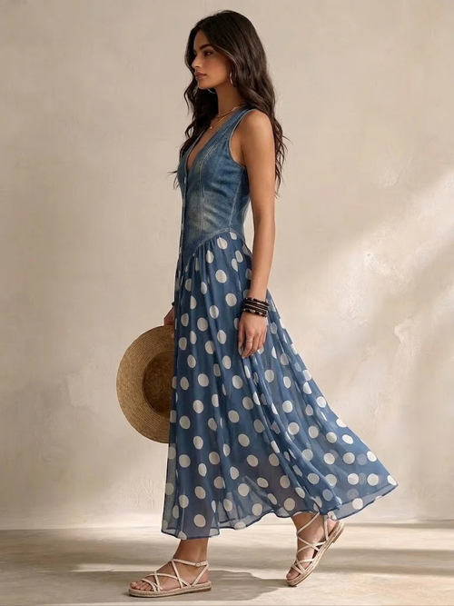 Adriana | Abito lungo effetto denim a pois