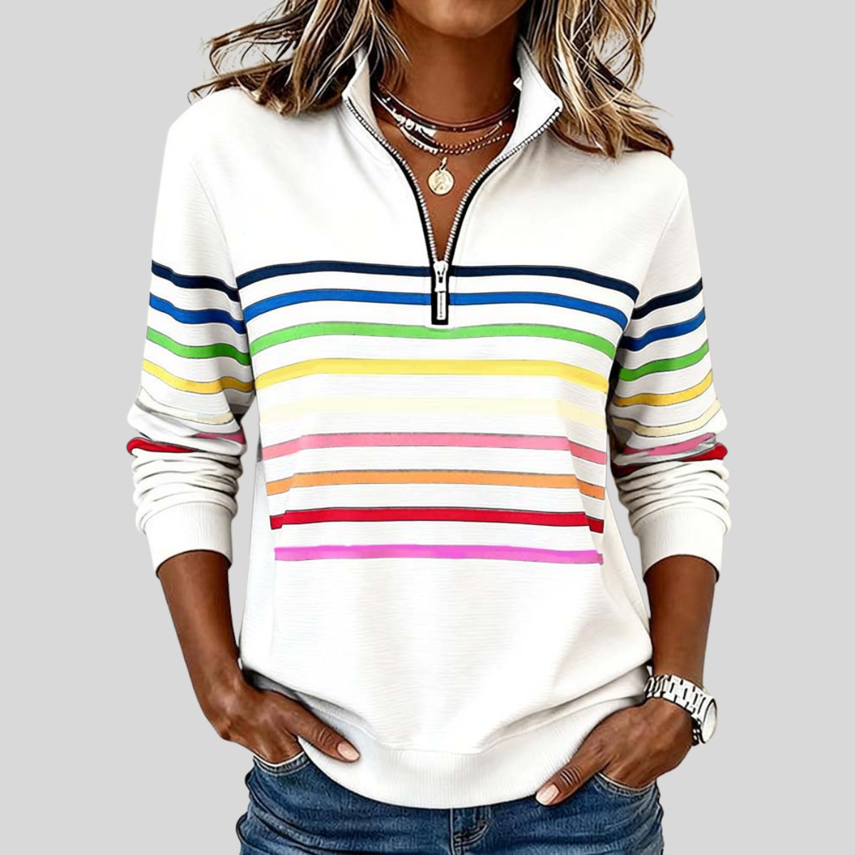 Zaira | Felpa a righe colorate con mezza zip