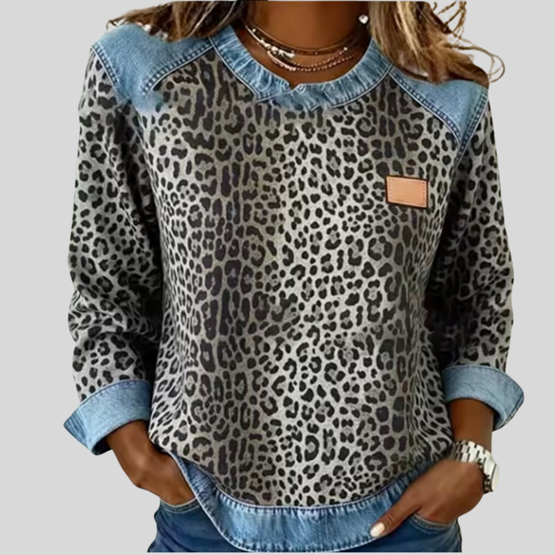 Agnese | Maglia leopardata con colletto effetto denim