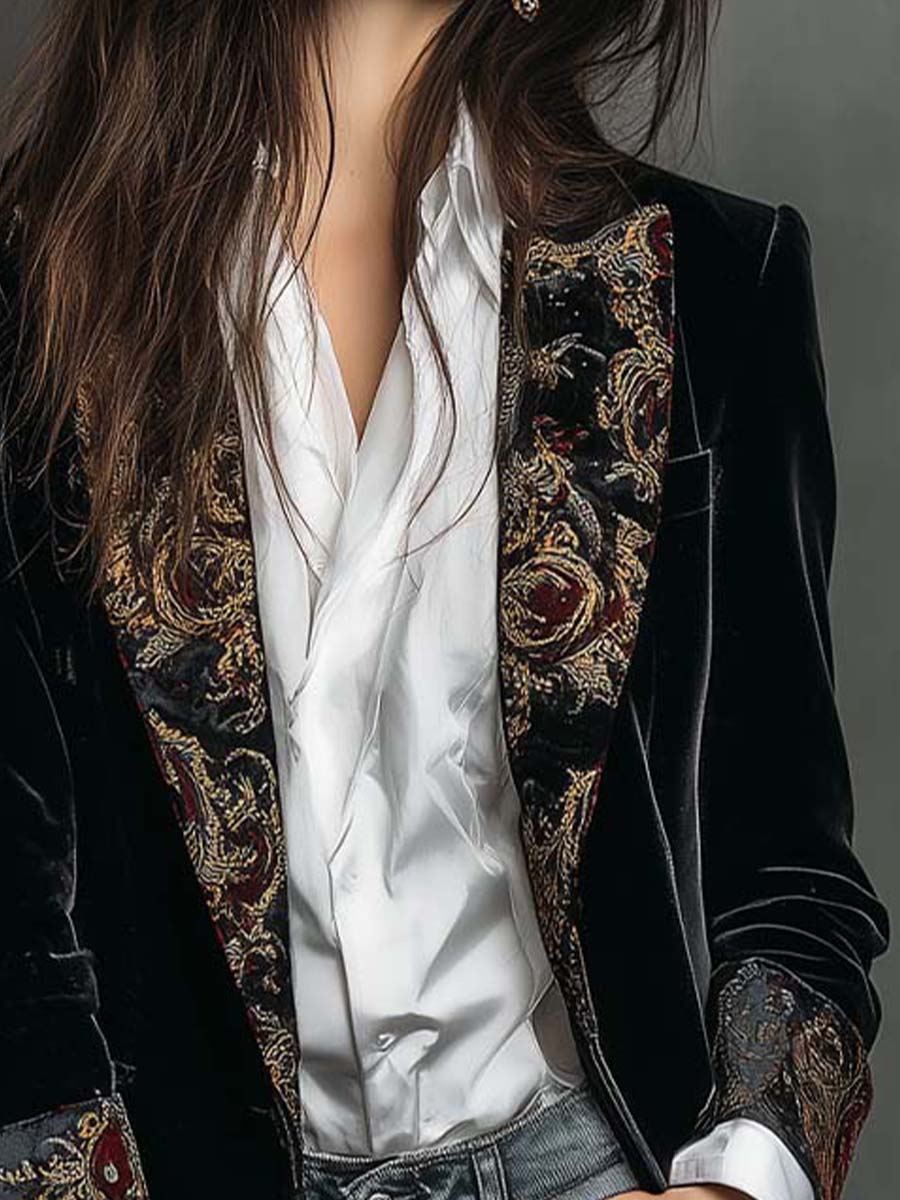 Leontina | Blazer Aderente Stampato Barocco Nero