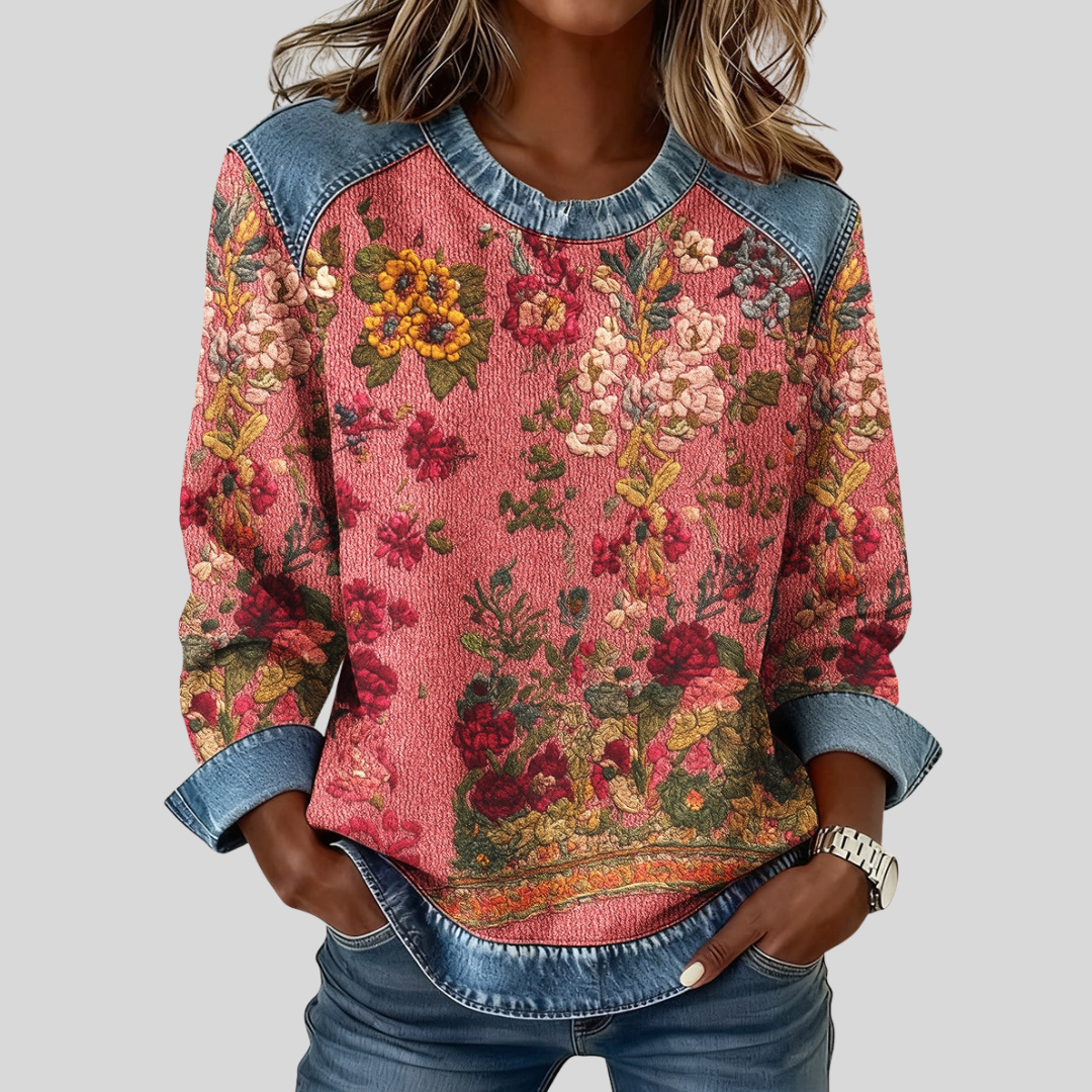 Ersilia | Felpa floreale con dettagli effetto denim