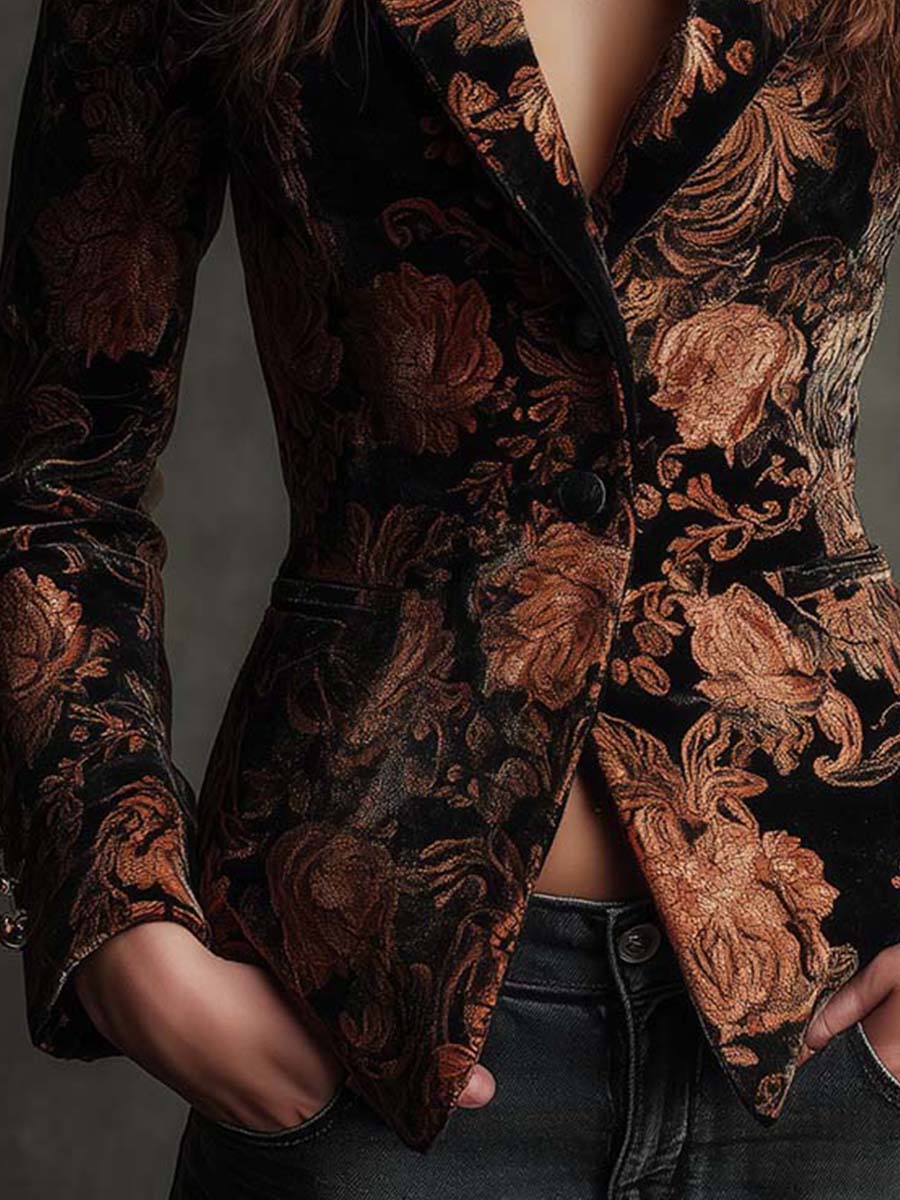 Bertilla | Blazer Tailleur Stampato Fiori Nero e Bronzo