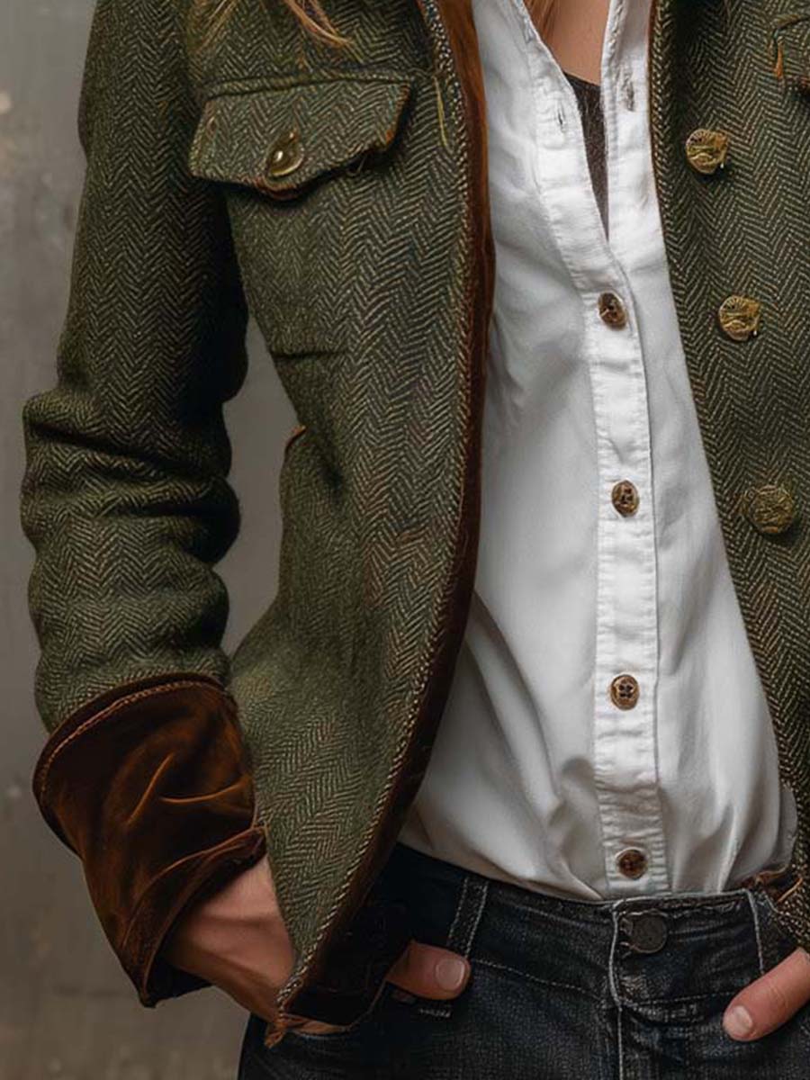 Onorina | Blazer Vintage Chevron con Bordature a Contrasto