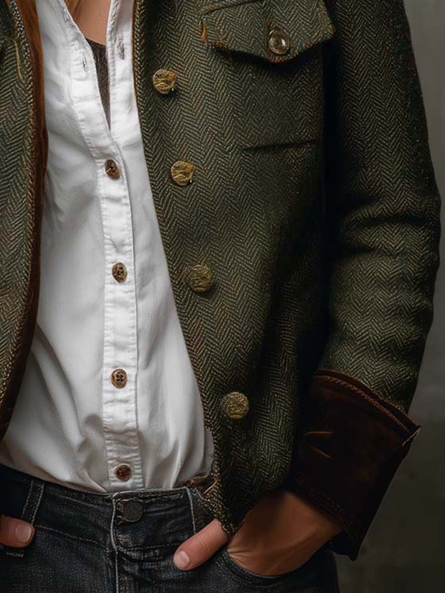 Onorina | Blazer Vintage Chevron con Bordature a Contrasto
