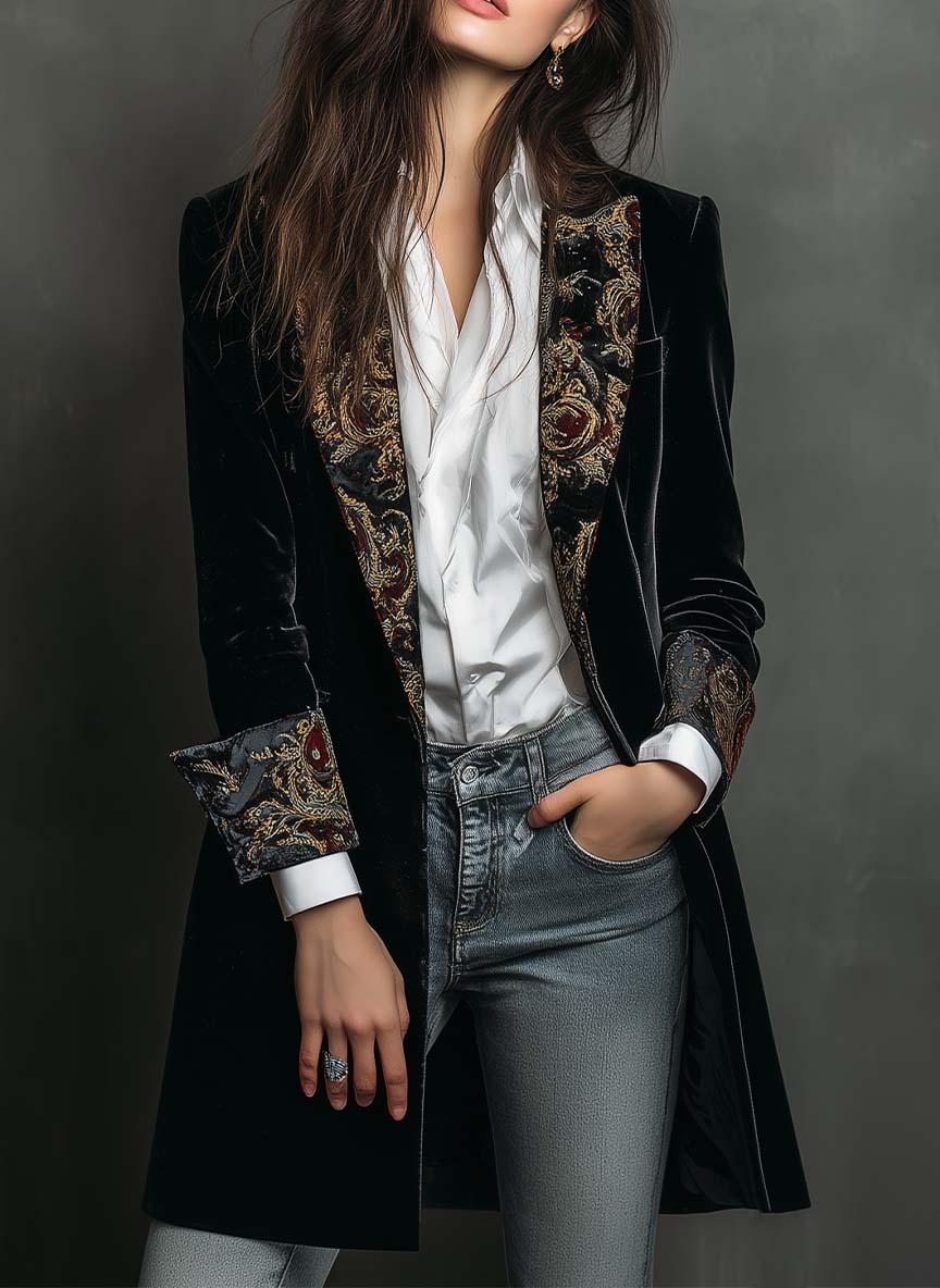 Leontina | Blazer Aderente Stampato Barocco Nero