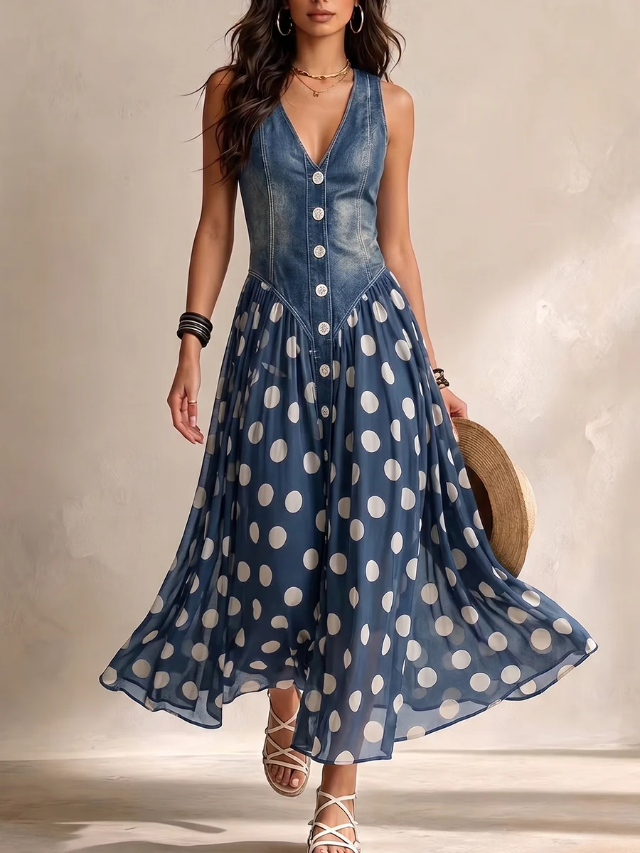 Adriana | Abito lungo effetto denim a pois