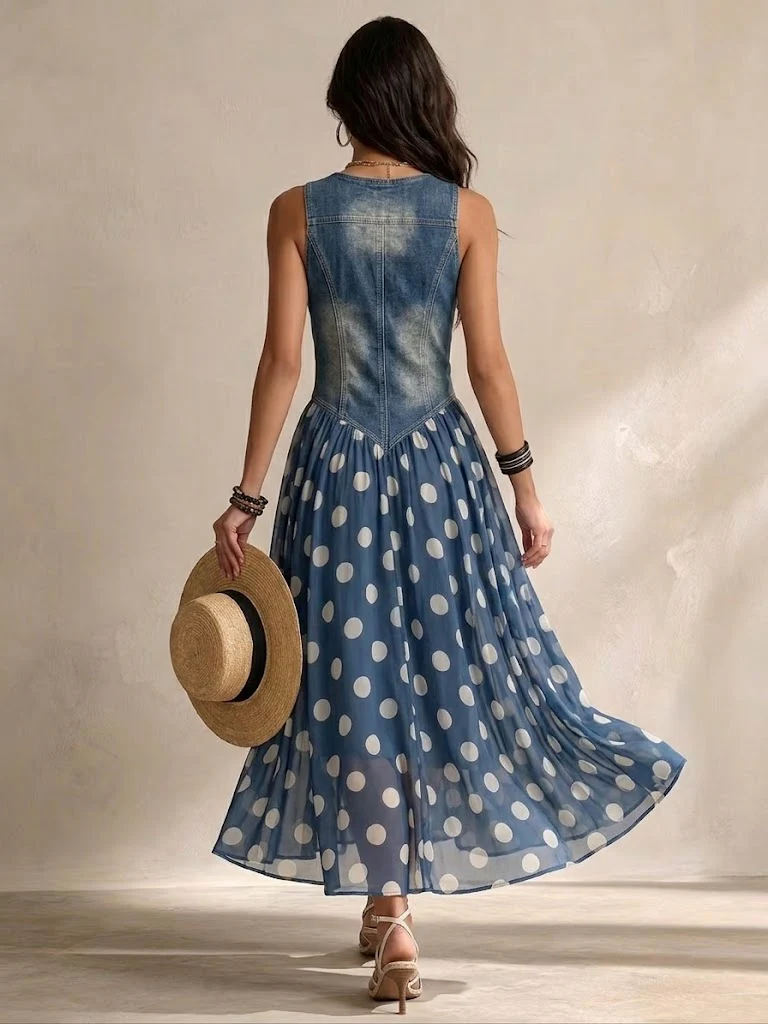 Adriana | Abito lungo effetto denim a pois