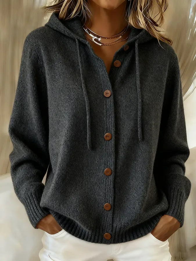 Alida | Cardigan Cappuccio Morbido con Bottoni
