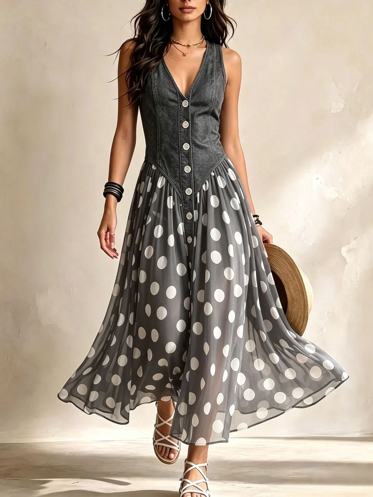 Adriana | Abito lungo effetto denim a pois