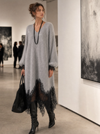 Sofia | Abito midi grigio in maglia con bordo in pizzo