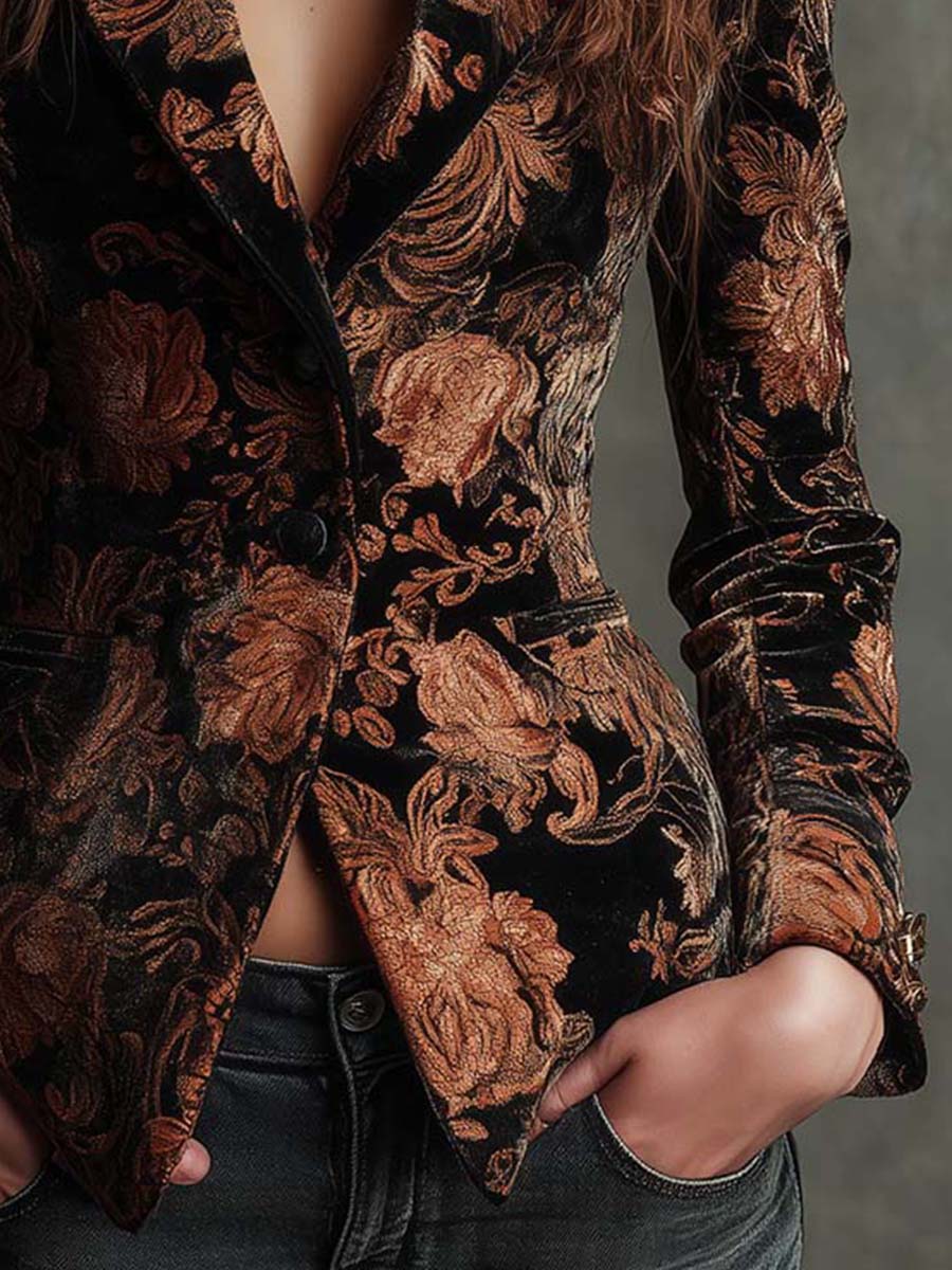Bertilla | Blazer Tailleur Stampato Fiori Nero e Bronzo
