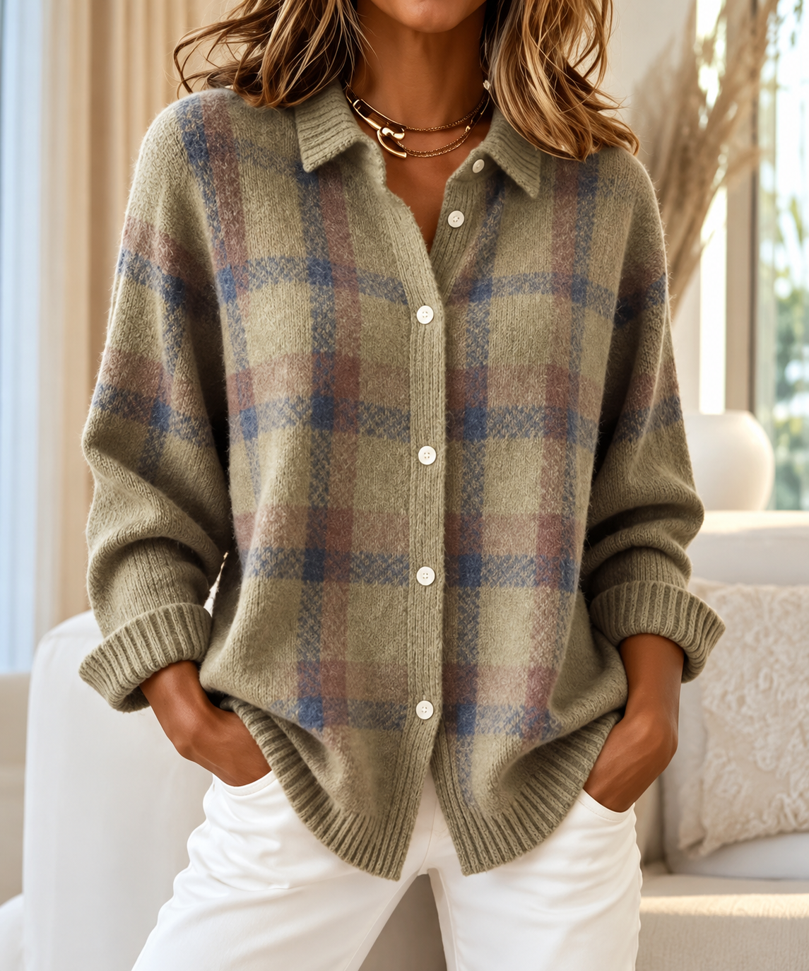 Cardigan Amelia a quadri verde e beige