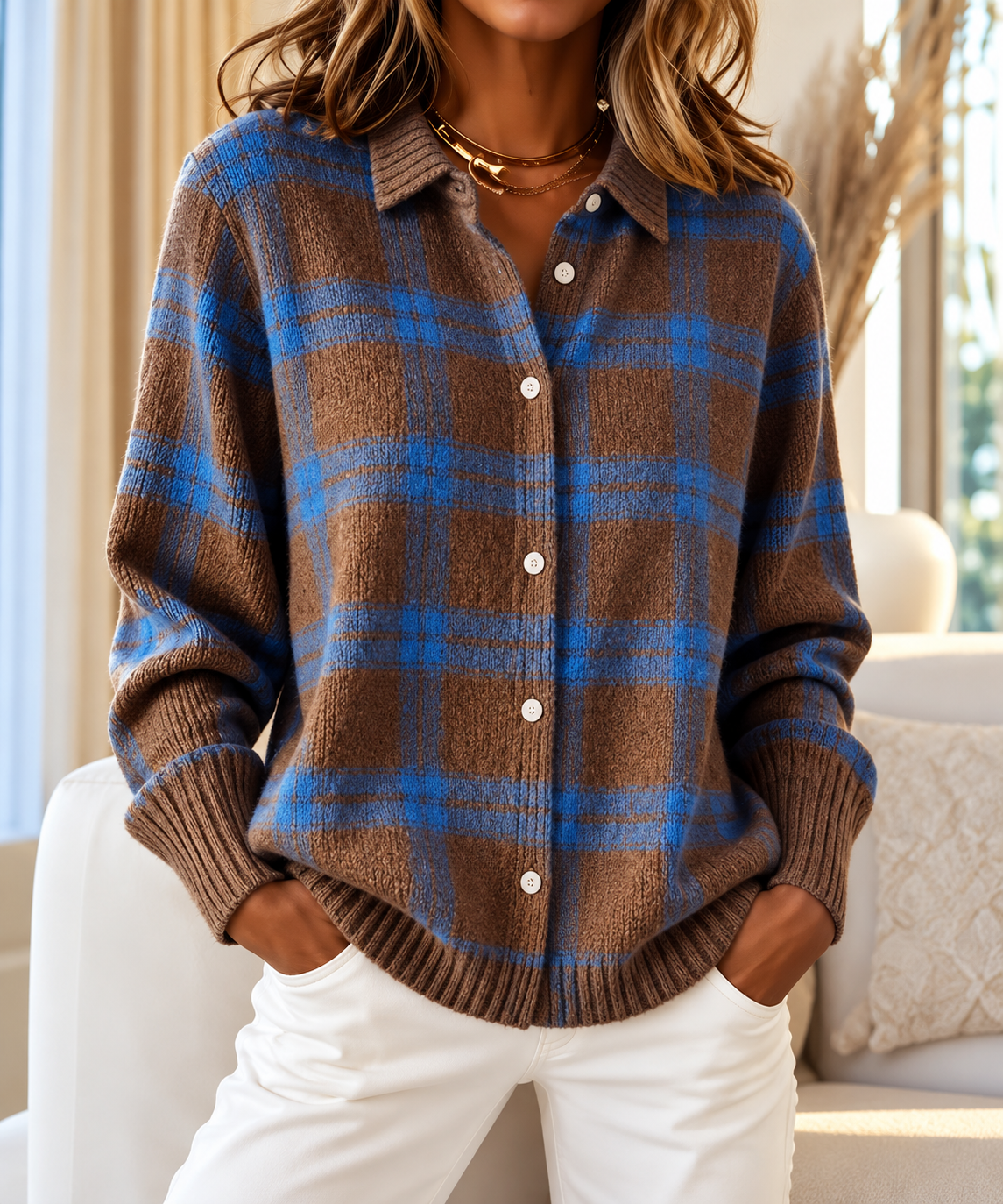 Cardigan Nadia a quadri marrone e blu