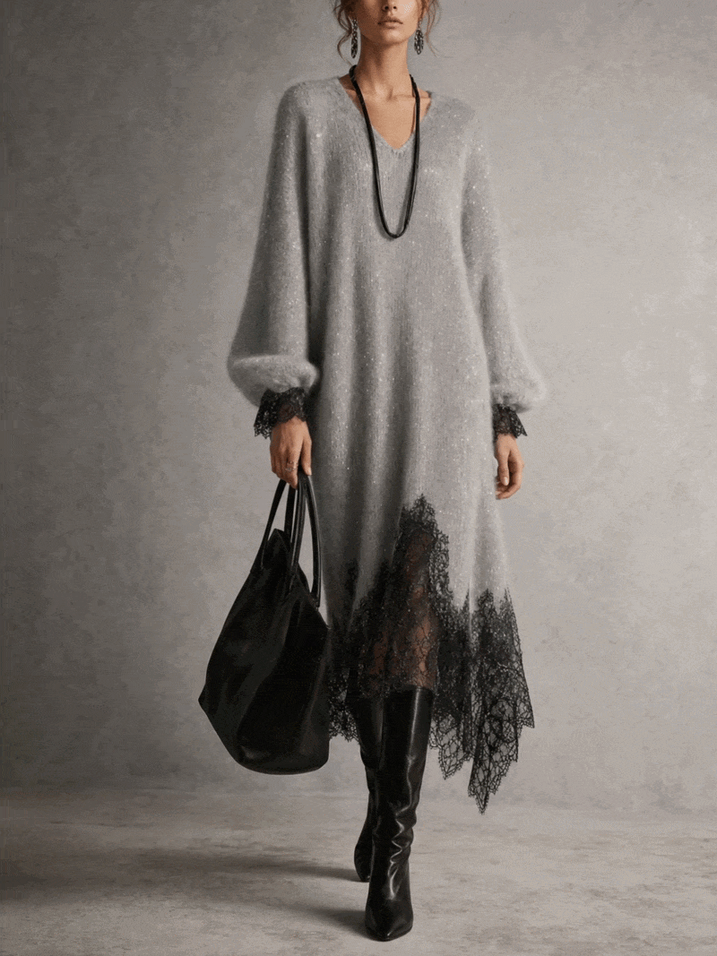 Sofia | Abito midi grigio in maglia con bordo in pizzo