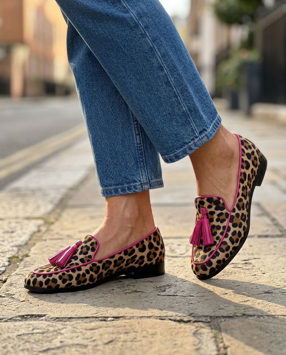 Mocassino Fiamma — Leopardo con Bordi e Nappine Fucsia