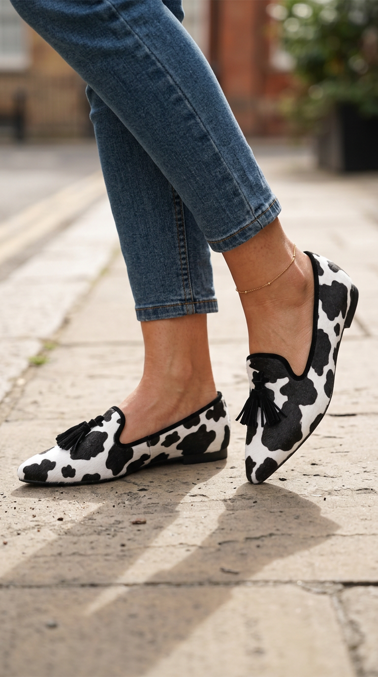 Mocassino Ginevra — Mucca Bianco e Nero, Nappine Nere