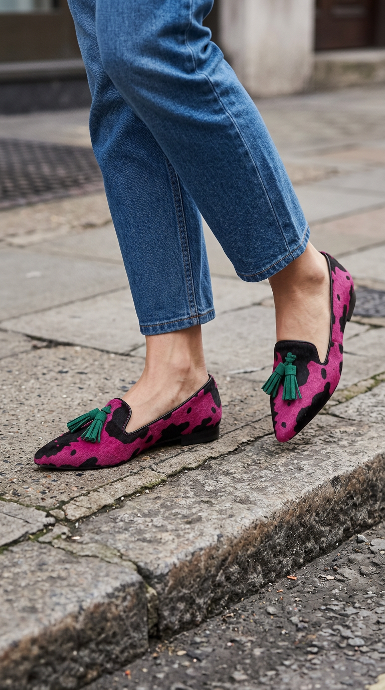 Mocassino Ginevra — Mucca Fucsia, Nappine Verdi