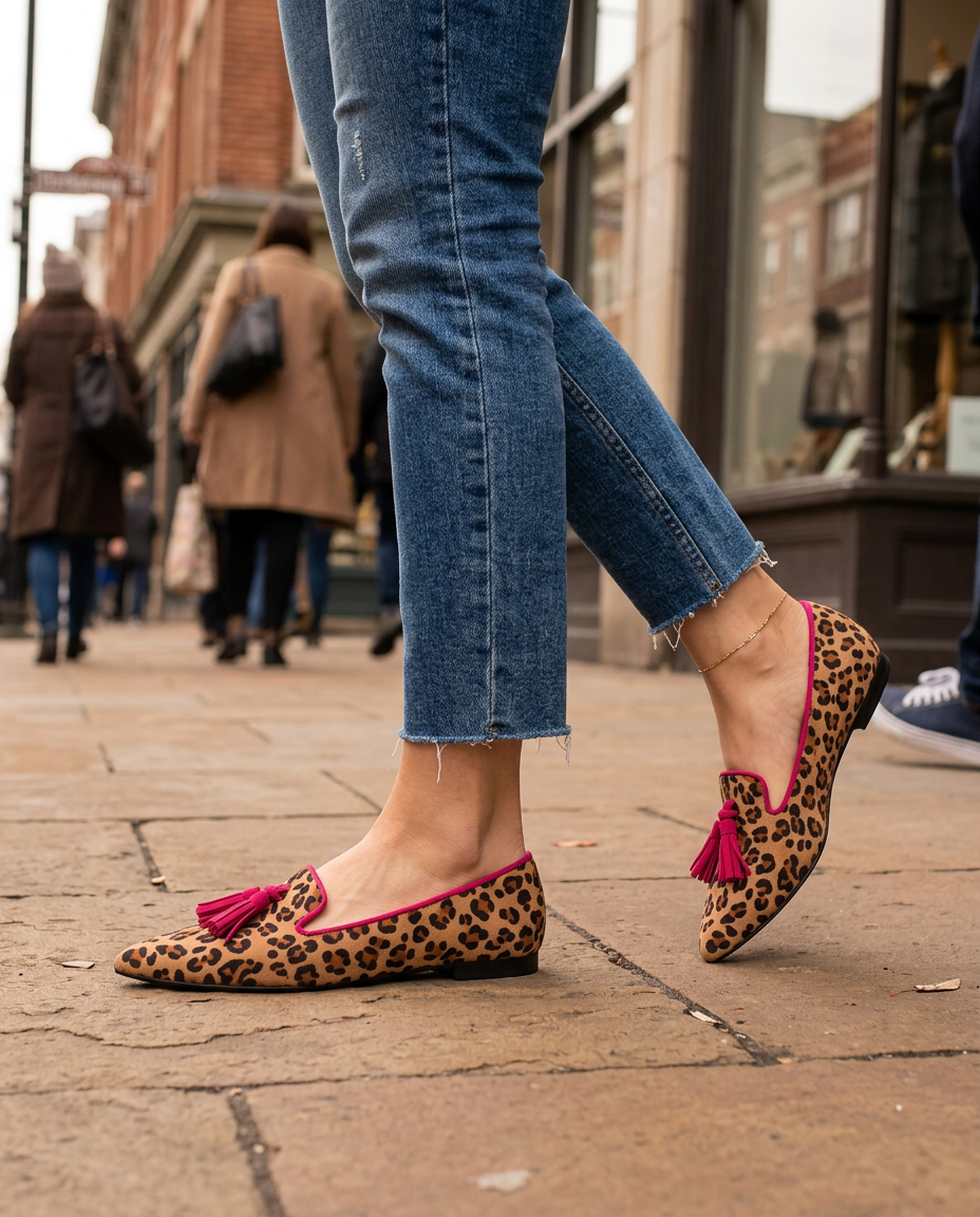 Mocassino Ginevra — Leopardo Effetto Scamosciato, Nappine Fucsia