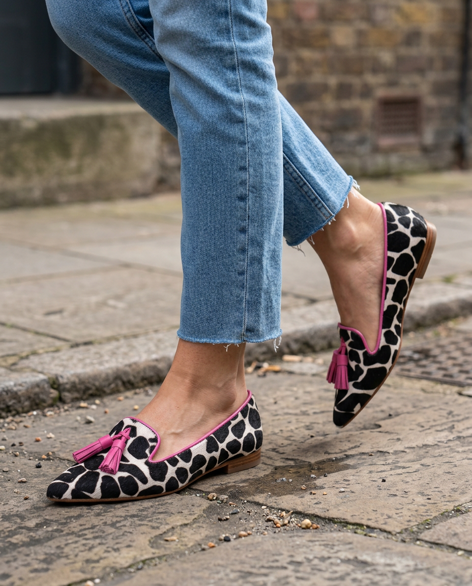 Mocassino Ginevra — Mucca Bianco e Nero, Nappine Rosa