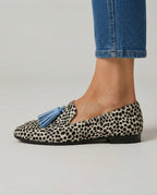 Mocassini Nadia — Leopardo Bianco e Nero con Nappine Azzurre