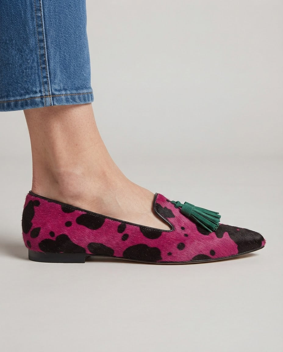 Mocassino Ginevra — Mucca Fucsia, Nappine Verdi