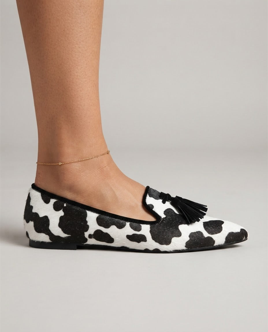 Mocassino Ginevra — Mucca Bianco e Nero, Nappine Nere