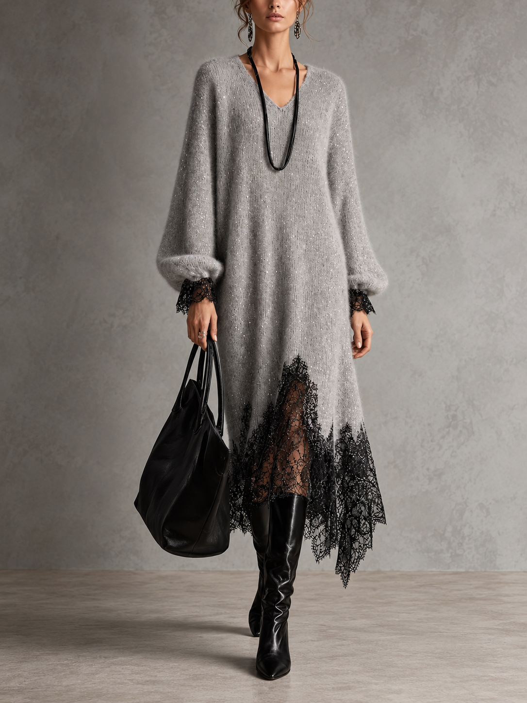 Sofia | Abito midi grigio in maglia con bordo in pizzo
